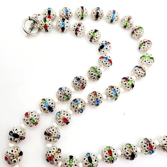 Filigree & Rhinestone Crystal Beaded Necklace 28" Toggle Clasp Silver Tone EUC - Picture 4 of 9
